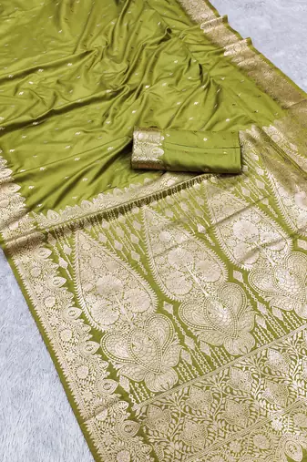 Parrot green soft banarasi silk blend  saree with self weaving design zari weaving pallu and blouse