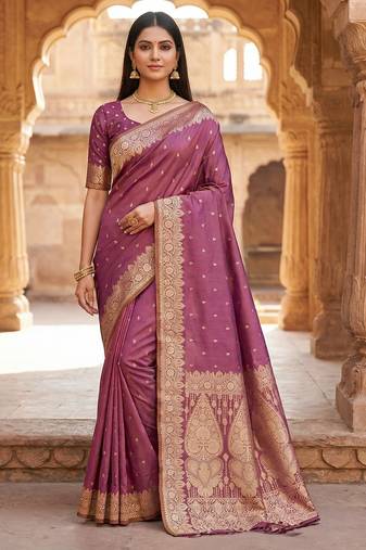Onion pink soft banarasi silk blend  saree with self weaving design zari weaving pallu and blouse