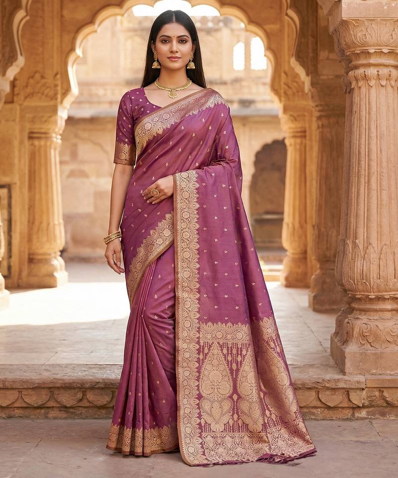 Onion pink soft banarasi silk blend  saree with self weaving design zari weaving pallu and blouse