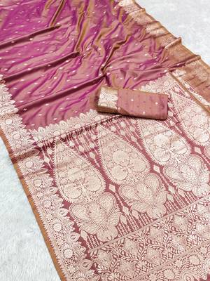 Onion pink soft banarasi silk blend  saree with self weaving design zari weaving pallu and blouse 3