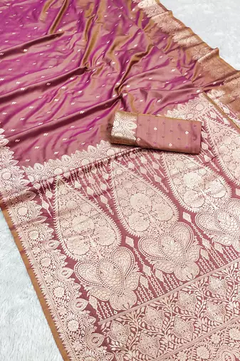 Onion pink soft banarasi silk blend  saree with self weaving design zari weaving pallu and blouse