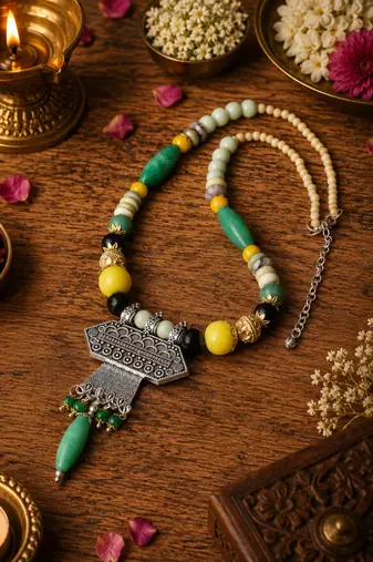 Vintage ethnic beaded pendant necklace