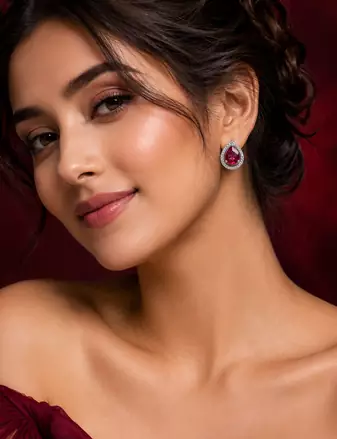 Rhodium finish ruby radiance teardrop studs
