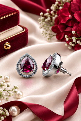 Rhodium finish ruby radiance teardrop studs 3