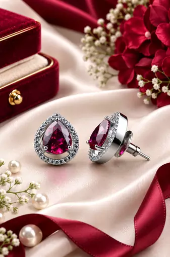 Rhodium finish ruby radiance teardrop studs