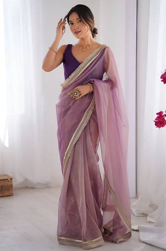 Light purple soft dual shade gold net saree with sequence lace border