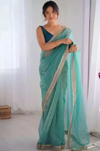 Aqua blue soft dual shade gold net saree with sequence lace border