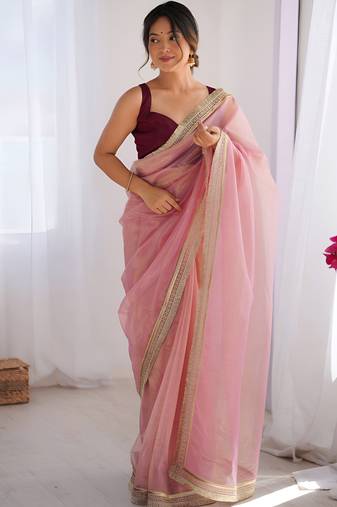 Baby pink soft dual shade gold net saree with sequence lace border