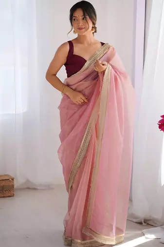 Baby pink soft dual shade gold net saree with sequence lace border