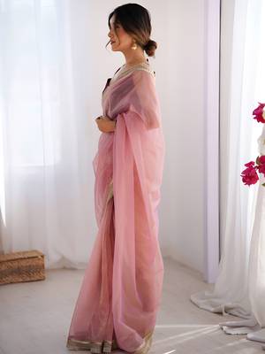 Baby pink soft dual shade gold net saree with sequence lace border 3