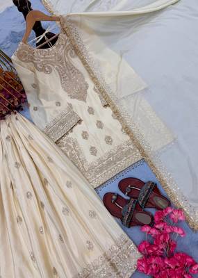 Cream chinon silk blend kurta palazzo set with dupatta 1