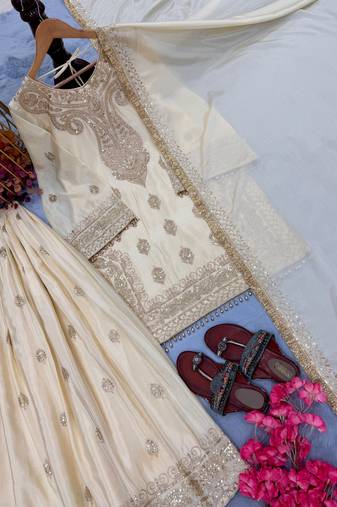 Cream chinon silk blend kurta palazzo set with dupatta