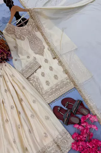 Cream chinon silk blend kurta palazzo set with dupatta