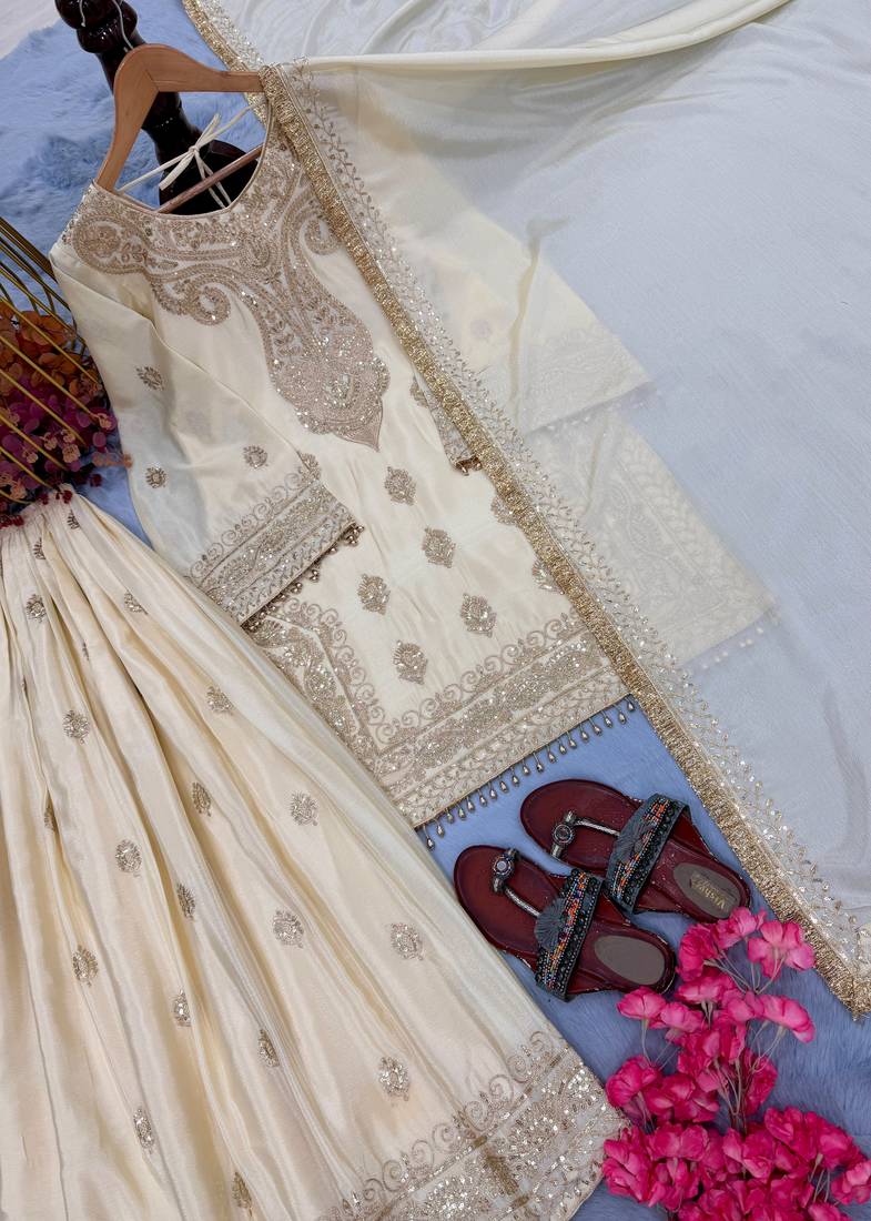 Cream chinon silk blend kurta palazzo set with dupatta
