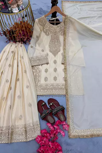 Cream chinon silk blend kurta palazzo set with dupatta