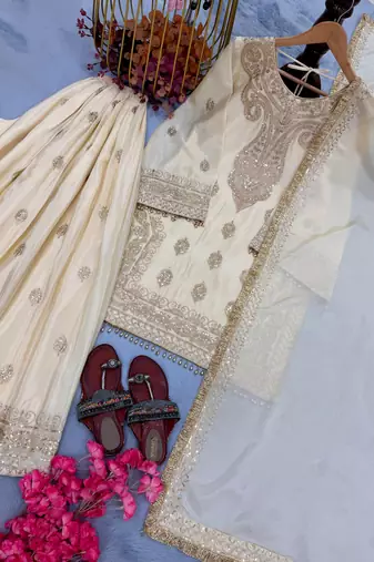 Cream chinon silk blend kurta palazzo set with dupatta