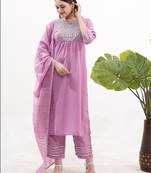 Lilac vertical silk blend embroidered kurta pant set with banarasi dupatta
