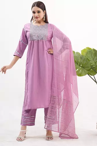 Lilac vertical silk blend embroidered kurta pant set with banarasi dupatta