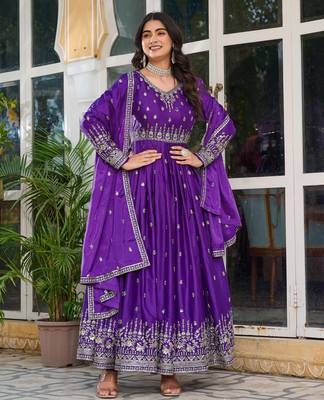 Purple american silk blend embroidered gown set with dupatta 1