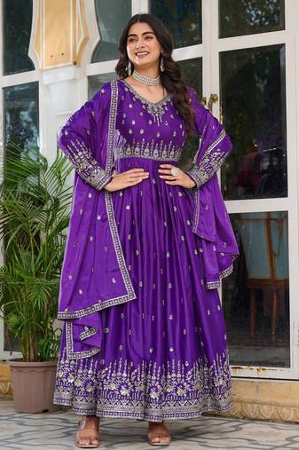 Purple american silk blend embroidered gown set with dupatta