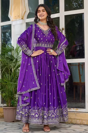 Purple american silk blend embroidered gown set with dupatta