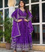 Purple american silk blend embroidered gown set with dupatta
