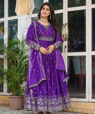 Purple american silk blend embroidered gown set with dupatta 2