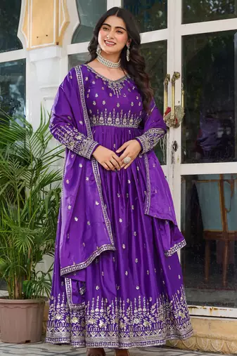 Purple american silk blend embroidered gown set with dupatta