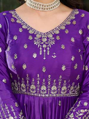 Purple american silk blend embroidered gown set with dupatta 3
