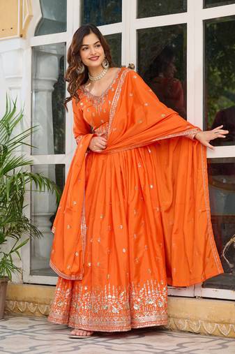 Orange american silk blend embroidered gown set with dupatta