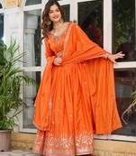 Orange american silk blend embroidered gown set with dupatta