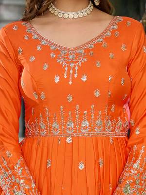 Orange american silk blend embroidered gown set with dupatta 3