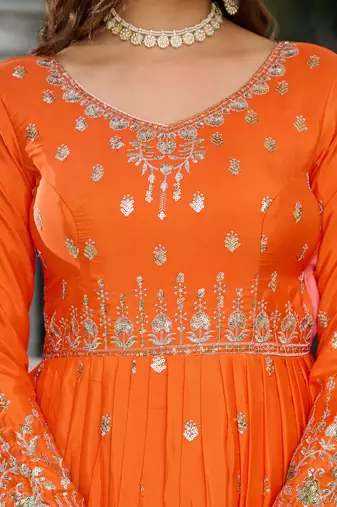 Orange american silk blend embroidered gown set with dupatta