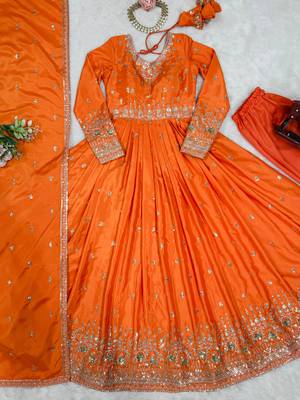 Orange american silk blend embroidered gown set with dupatta 4