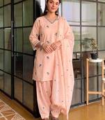 Peach satin mul chanderi farshi palazzo set with dupatta