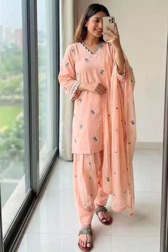 Peach satin mul chanderi farshi palazzo set with dupatta