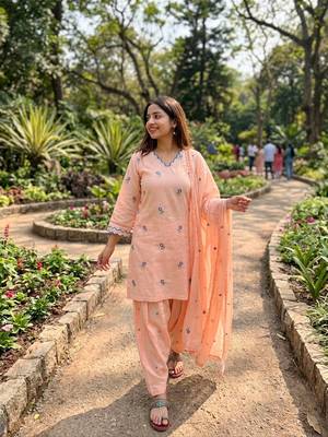 Peach satin mul chanderi farshi palazzo set with dupatta 3