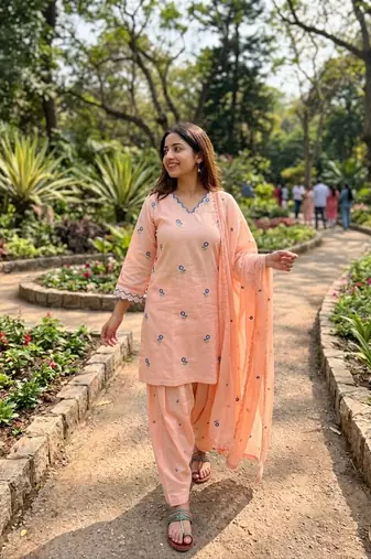 Peach satin mul chanderi farshi palazzo set with dupatta