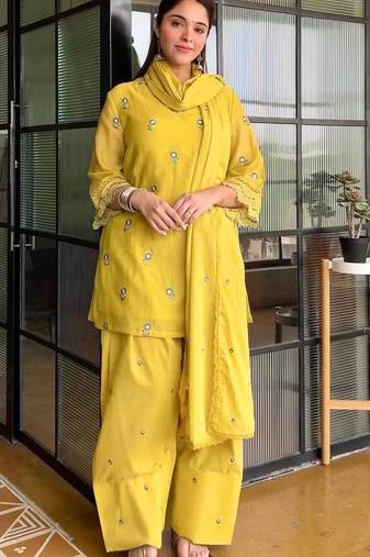 Lemon satin mul chanderi farshi palazzo set with dupatta