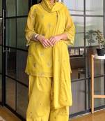 Lemon satin mul chanderi farshi palazzo set with dupatta