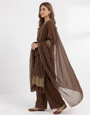 Chocolate brown rayon kurta palazzo set with dupatta 2