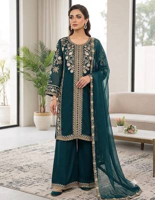 Teal green roman kurta palazzo set with organza dupatta 1