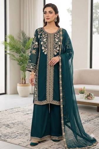Teal green roman kurta palazzo set with organza dupatta