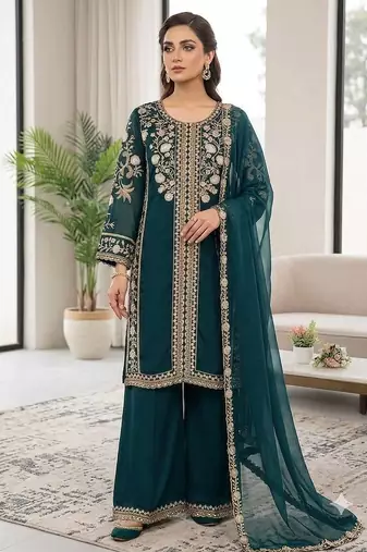 Teal green roman kurta palazzo set with organza dupatta