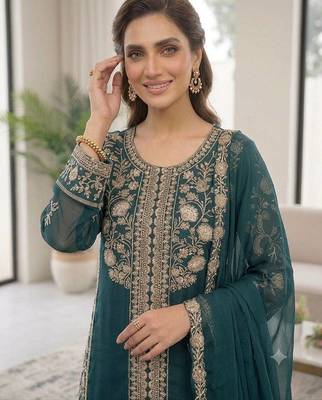 Teal green roman kurta palazzo set with organza dupatta 2
