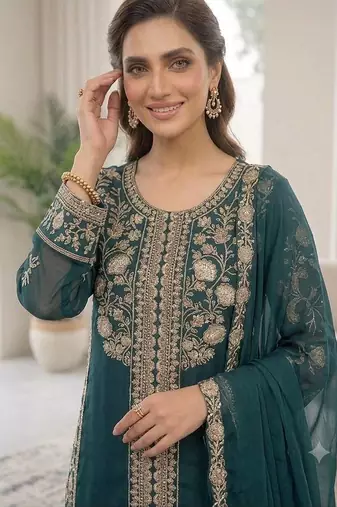 Teal green roman kurta palazzo set with organza dupatta