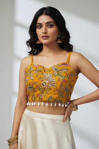 Yellow designer embroidery and sequence work spaghetti strap blouse