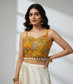 Yellow designer embroidery and sequence work spaghetti strap blouse