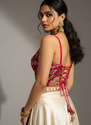 Pink designer embroidery and sequence work spaghetti strap blouse 5