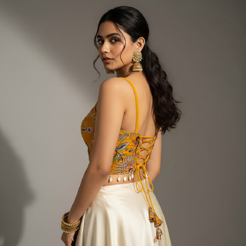Yellow designer embroidery and sequence work spaghetti strap blouse 5